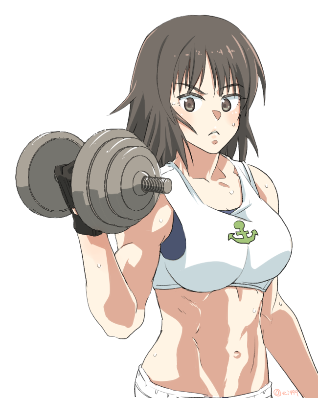 1girl bangs black_eyes black_gloves black_hair closed_mouth commentary dumbbell ei_(akinosakae) frown girls_und_panzer gloves long_hair looking_at_viewer murakami_(girls_und_panzer) muscle muscular_female navel simple_background solo standing sweat twitter_username upper_body weightlifting white_background white_sports_bra