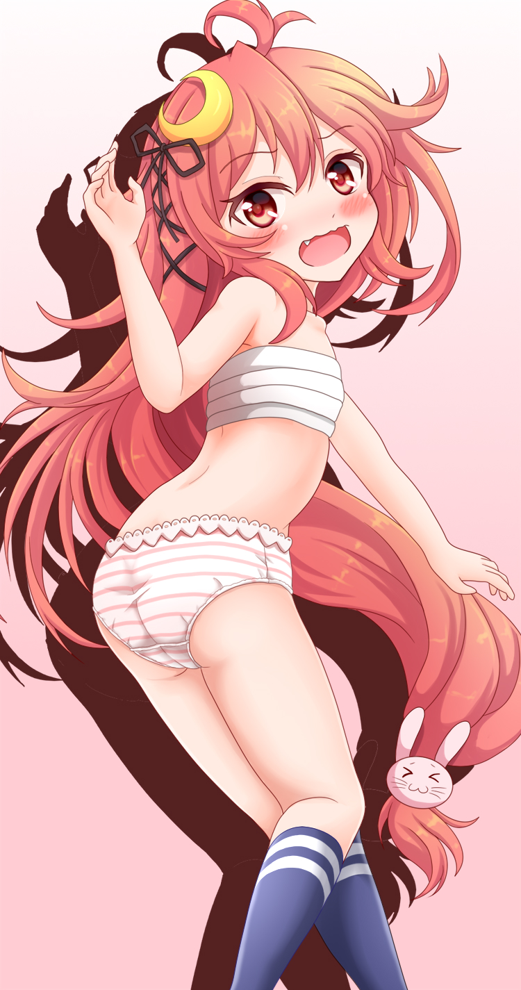 1girl blush bunny_hair_ornament crescent crescent_hair_ornament eyebrows_visible_through_hair gradient gradient_background hair_between_eyes hair_ornament hair_ribbon highres kantai_collection long_hair looking_at_viewer open_mouth panties pink_eyes red_eyes redhead ribbon sarashi shadow shiruzu_(sk10102194) smile socks solo striped striped_panties underwear uzuki_(kantai_collection) very_long_hair