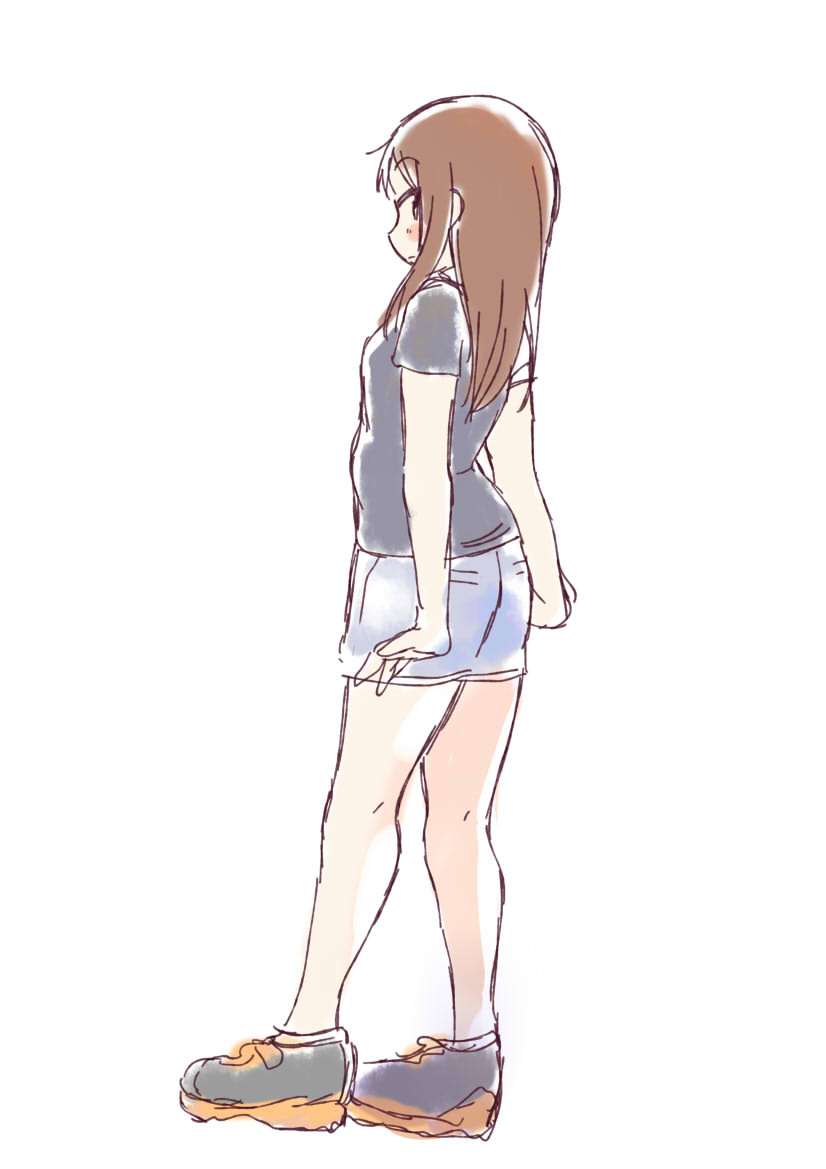 1girl blush brown_eyes brown_hair closed_mouth commentary_request denim denim_shorts eyebrows_visible_through_hair facing_away grey_shirt long_hair looking_at_viewer looking_back okano_kei shirt short_sleeves shorts simple_background solo standing tatsunokosso white_background yuyushiki