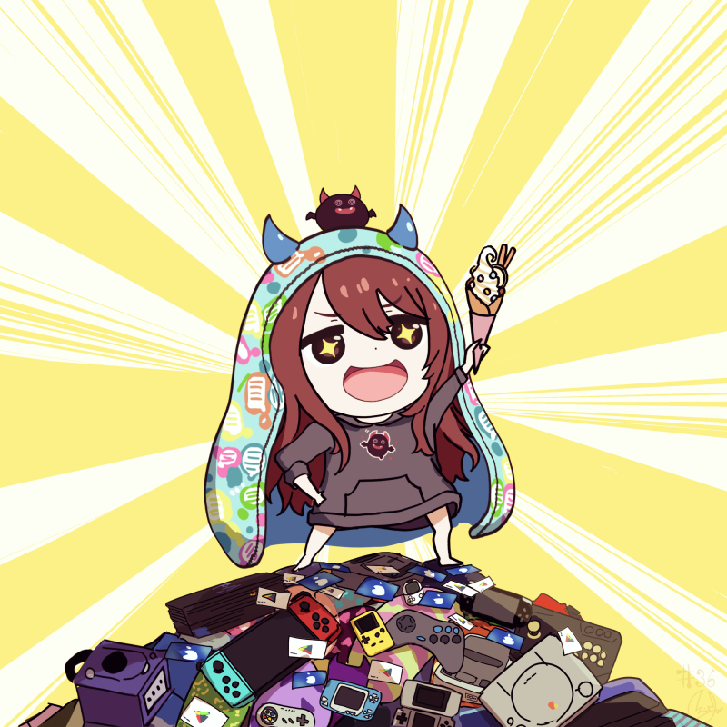 +_+ 1girl :d bangs brown_eyes brown_hair brown_hoodie commentary_request controller crepe eyebrows_visible_through_hair food game_console game_controller gift_card hair_between_eyes hand_on_hip handheld_game_console himouto!_umaru-chan holding holding_food hood hood_down hoodie horned_headwear horns idolmaster idolmaster_shiny_colors long_hair long_sleeves minyom nintendo_switch oosaki_tenka open_mouth playstation playstation_4 smile solo standing very_long_hair