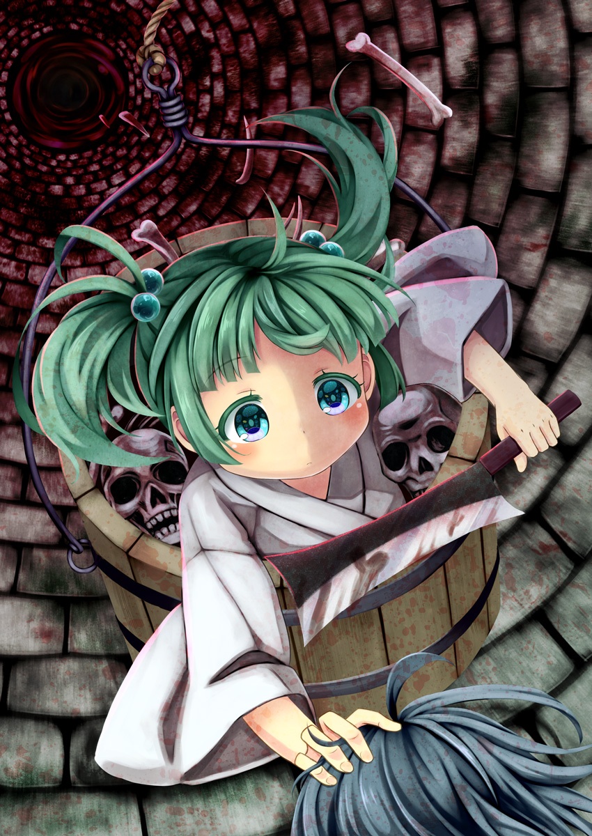 1girl blood blood_splatter blue_eyes bone bucket commentary_request expressionless eyebrows_visible_through_hair from_above green_hair hair_bobbles hair_ornament hatchet highres holding_hatchet holding_head in_bucket in_container japanese_clothes kimono kisume long_sleeves oriental_hatchet rope skull solo tomo_takino touhou twintails well white_kimono