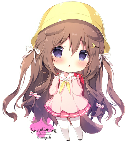 1girl :o animal_ears artist_name azur_lane backpack bag bangs blush bow brown_hair chibi commentary_request crescent crescent_hair_ornament dog_ears dog_girl dog_tail eyebrows_visible_through_hair full_body fumizuki_(azur_lane) hair_between_eyes hair_bow hair_ornament hairclip hands_up hat kindergarten_uniform long_hair long_sleeves neckerchief pantyhose parted_lips pink_shirt pleated_skirt randoseru red_skirt sailor_collar school_hat shiratama_(shiratamaco) shirt skirt sleeves_past_wrists solo standing tail two_side_up very_long_hair violet_eyes white_background white_bow white_legwear white_sailor_collar yellow_headwear yellow_neckwear