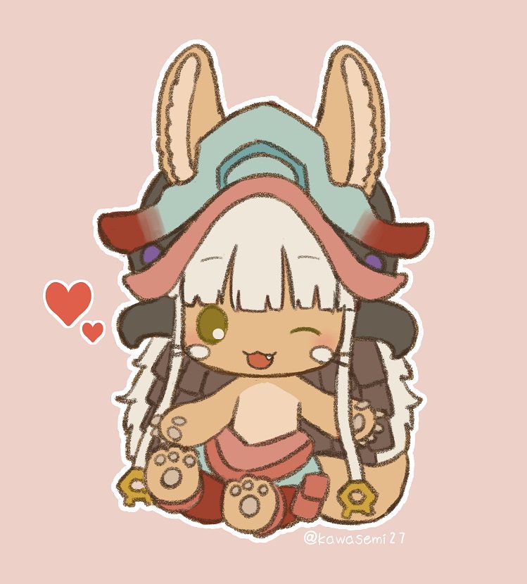 1other :3 animal_ears artist_name blush eyebrows_visible_through_hair furry heart helmet kawasemi27 looking_at_viewer made_in_abyss nanachi_(made_in_abyss) one_eye_closed open_mouth pink_background simple_background sitting smile tail twitter_username whiskers