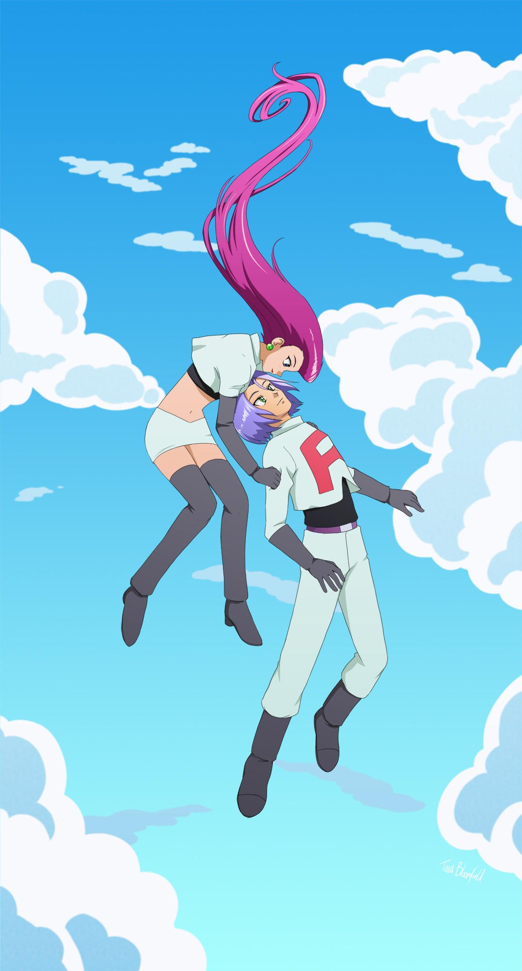 1boy 1girl blue_eyes boots falling gloves green_eyes highres kojirou_(pokemon) long_hair musashi_(pokemon) pokemon pokemon_(anime) purple_hair shaami sky team_rocket