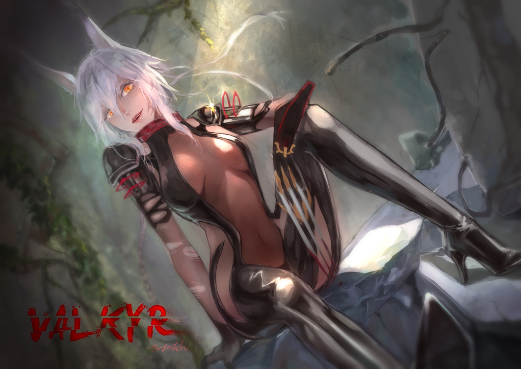 1girl animal_ears bangs bodysuit boots breasts cat_ears claws collar cuts eyes_visible_through_hair gloves hair_between_eyes high_heel_boots high_heels humanization injury looking_at_viewer midriff_cutout navel open_mouth phytoster short_hair sitting slit_pupils smile solo sparks spikes torn_clothes valkyr_prime_(warframe) warframe white_hair yellow_eyes