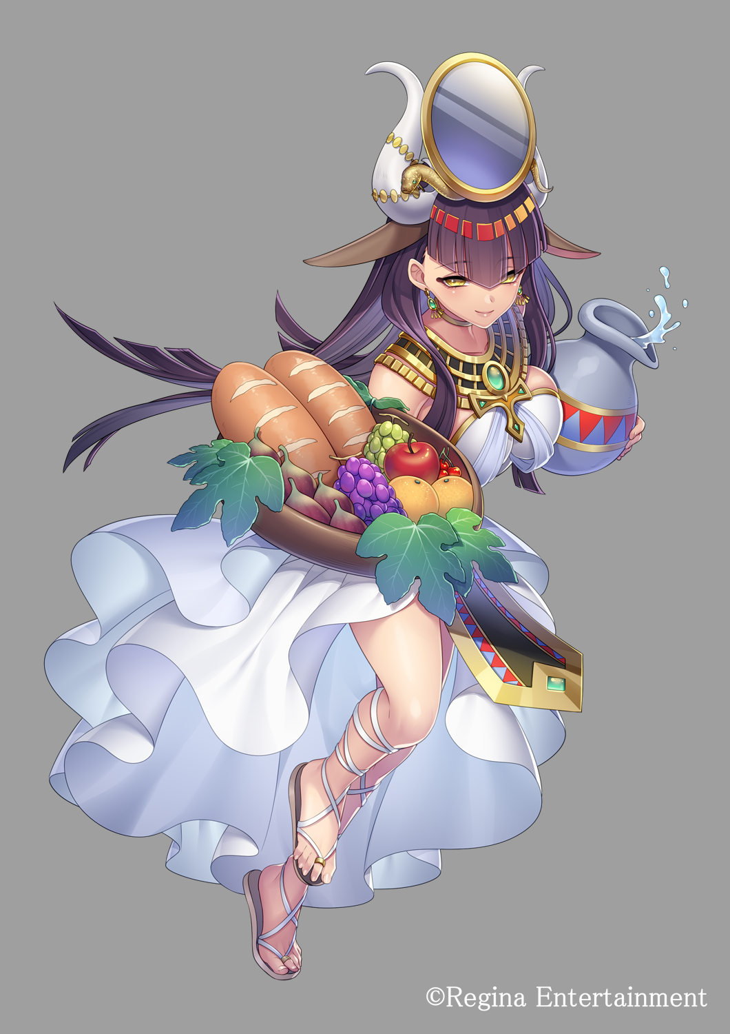 1girl apple bangs bare_shoulders black_hair bread breasts cherry collarbone commentary_request dress egyptian_clothes eyebrows_visible_through_hair food fruit grey_background hair_ornament highres holding holding_staff horns large_breasts leaf long_hair mirror official_art onion orange original sandals simple_background smile solo staff takamiya_ren water white_dress yellow_eyes