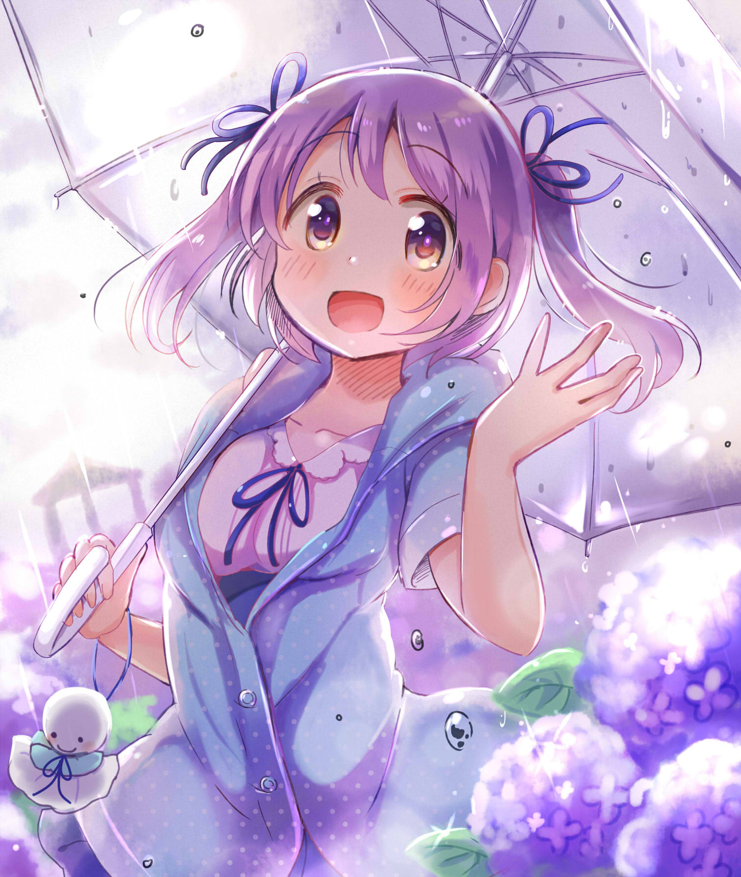 1girl blue_jacket blue_ribbon eyebrows_visible_through_hair flower frilled_shirt_collar frills hair_ribbon hand_up highres hydrangea jacket looking_at_viewer open_mouth original pastel_colors purple_hair rain raincoat ribbon shirt short_hair short_sleeves short_twintails simple_background skirt smile solo tatsunokosso teruterubouzu twintails umbrella upper_body violet_eyes white_background white_shirt