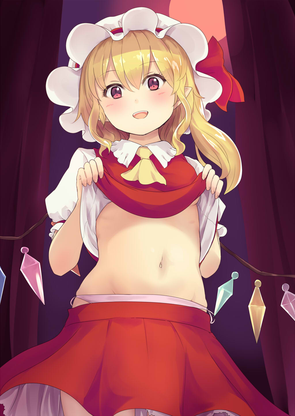 1girl :d ascot bangs blonde_hair blush commentary_request cowboy_shot crystal culter curtains eyebrows_visible_through_hair flandre_scarlet frilled_shirt_collar frills hair_between_eyes hands_up hat hat_ribbon highres lifted_by_self long_hair looking_at_viewer midriff miniskirt mob_cap moon navel one_side_up open_mouth panties pink_panties pointy_ears puffy_short_sleeves puffy_sleeves red_eyes red_moon red_ribbon red_skirt red_vest ribbon shirt short_sleeves side-tie_panties skirt skirt_set smile solo standing stomach touhou underwear vest vest_lift white_headwear white_shirt wings yellow_neckwear