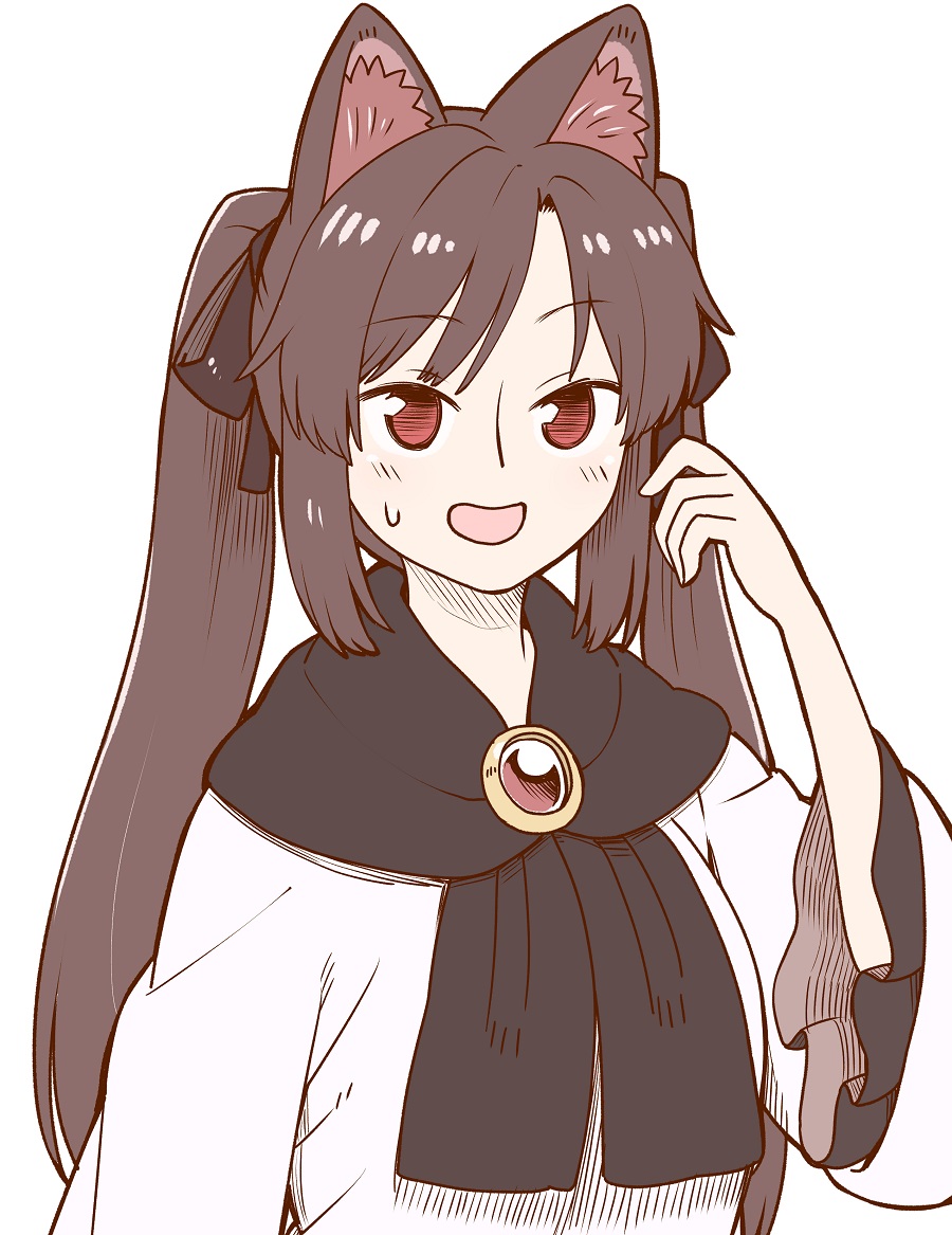 1girl :d alternate_hairstyle animal_ear_fluff animal_ears bangs black_bow bow brooch brown_hair commentary_request dress eyebrows_visible_through_hair frilled_shirt_collar frills hair_bow hand_up imaizumi_kagerou jewelry long_hair looking_at_viewer open_mouth poronegi red_eyes sidelocks simple_background smile solo sweat touhou twintails upper_body white_background white_dress wolf_ears