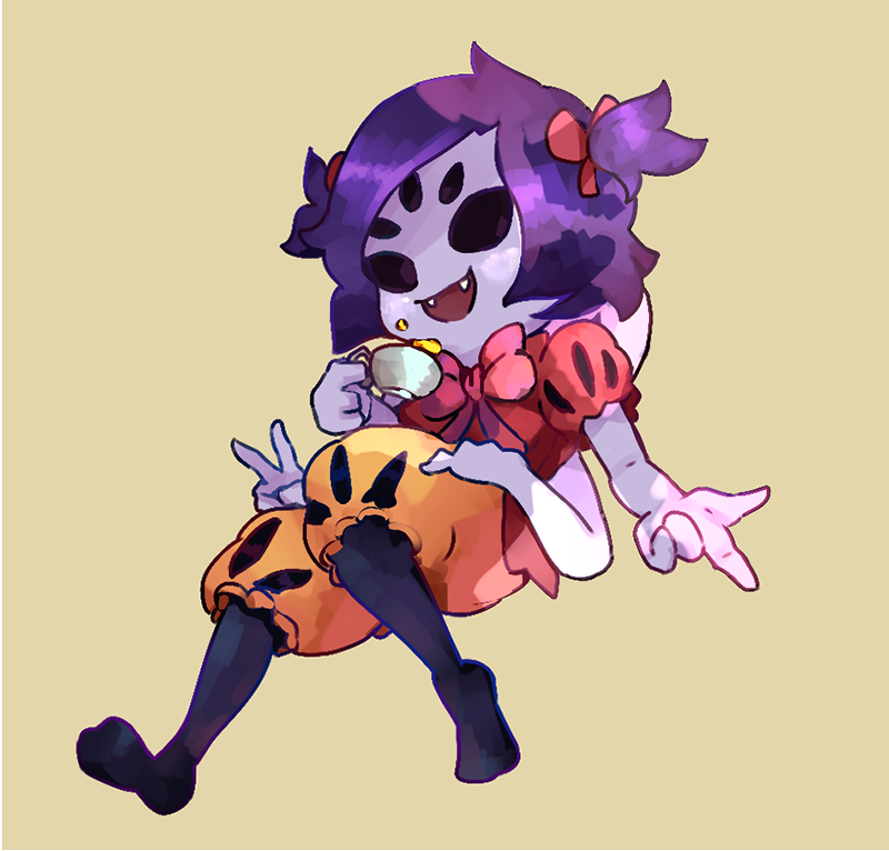 black_eyes black_sclera black_thighhighs caribun dress_shirt fangs hair_ribbon muffet multiple_arms multiple_eyes neck_ribbon open_mouth orange_pants puffy_pants purple_hair red_ribbon red_shirt ribbon short_twintails spider_girl tagme tea teacup thighhighs twintails undertale