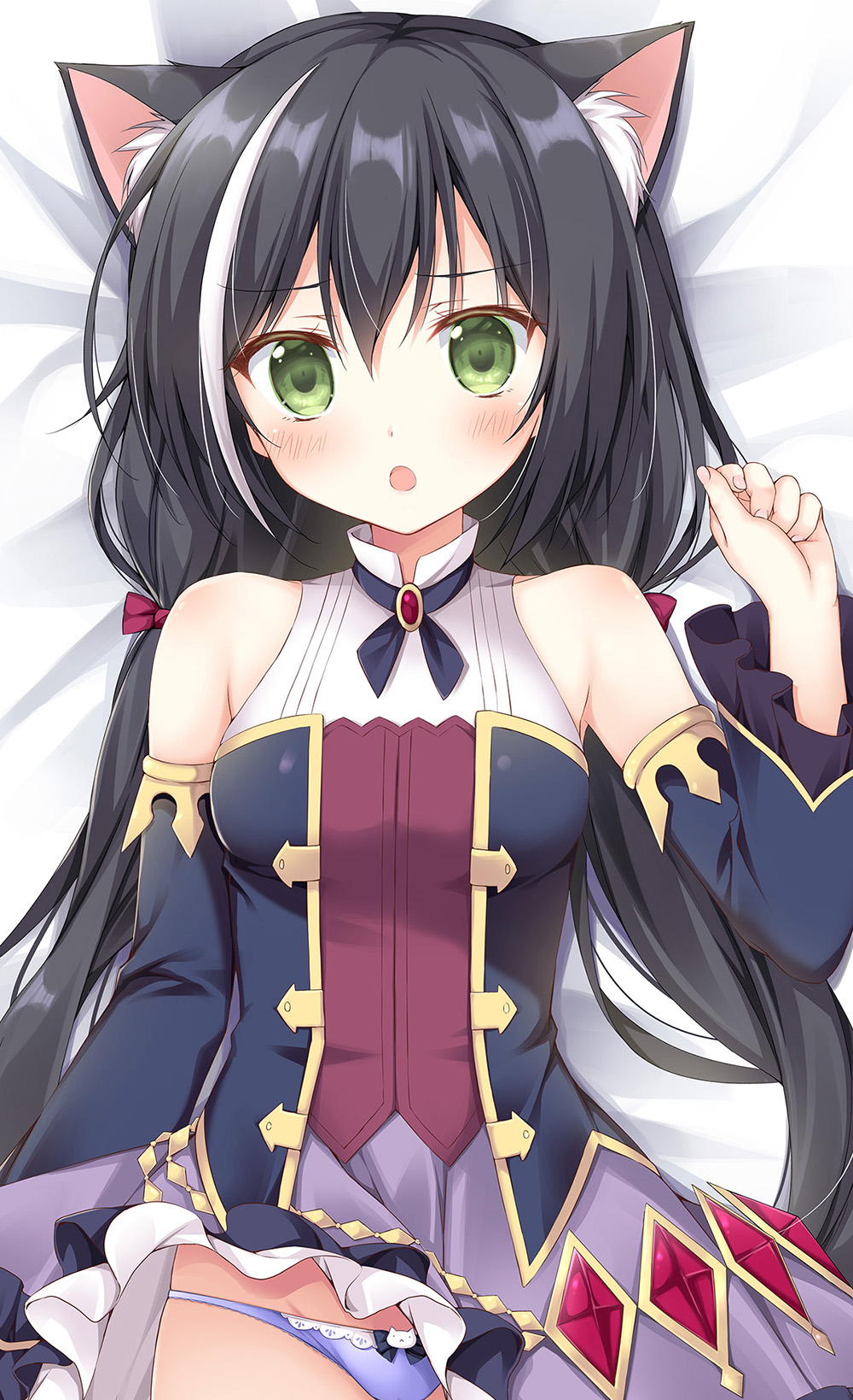 :o animal_ear_fluff animal_ears bangs bare_shoulders bed_sheet black_hair black_sleeves blush bow bow_panties breasts cat_ears dakimakura detached_sleeves eyebrows_visible_through_hair fingernails green_eyes hair_between_eyes hair_bow hand_up highres korie_riko kyaru_(princess_connect) long_hair long_sleeves looking_at_viewer low_twintails lying medium_breasts multicolored_hair nail_polish on_back panties parted_lips pink_nails princess_connect! princess_connect!_re:dive purple_panties purple_skirt red_bow shirt skirt skirt_lift sleeveless sleeveless_shirt streaked_hair twintails underwear very_long_hair white_hair white_shirt