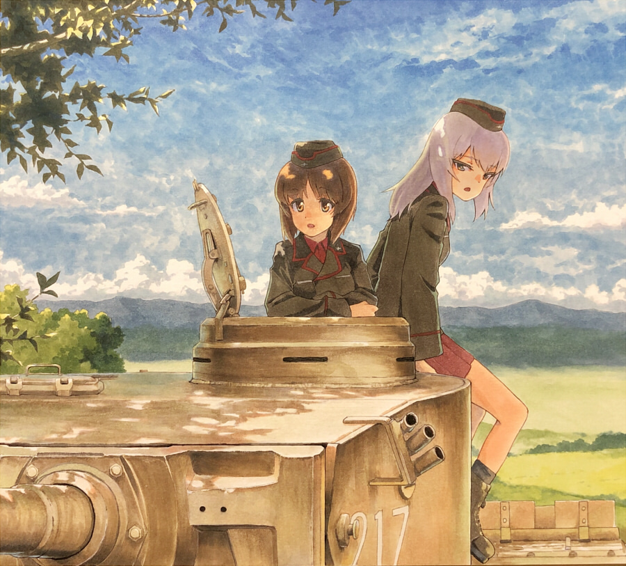 2girls ankle_boots bangs black_footwear black_headwear black_jacket black_legwear blue_eyes blue_sky boots brown_eyes brown_hair clouds cloudy_sky commentary dappled_sunlight day dress_shirt elbow_rest eyebrows_visible_through_hair garrison_cap girls_und_panzer ground_vehicle hat horizon insignia itsumi_erika jacket kuromorimine_military_uniform long_sleeves looking_at_viewer marker_(medium) medium_hair military military_hat military_uniform military_vehicle miniskirt motor_vehicle multiple_girls nishizumi_miho open_mouth outdoors pleated_skirt red_shirt red_skirt shiratama_(hockey) shirt short_hair silver_hair sitting skirt sky socks sunlight tank tiger_i traditional_media tree uniform wing_collar
