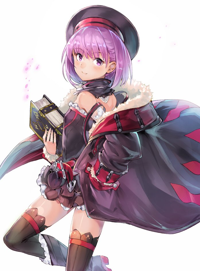 1girl bangs bare_shoulders belt black_coat black_dress black_headwear black_legwear blush book breasts coat detached_collar dress fate/grand_order fate_(series) fur-trimmed_coat fur_trim helena_blavatsky_(fate/grand_order) holding holding_book long_sleeves looking_at_viewer open_clothes open_coat purple_hair short_dress short_hair simple_background small_breasts smile solo sumisu_(mondo) thigh-highs thighs violet_eyes white_background