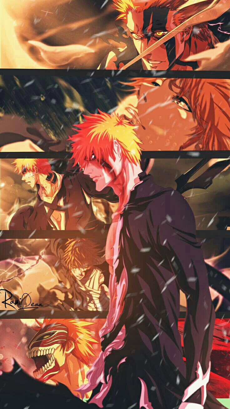 1boy bankai black_hair bleach highres hollow kurosaki_ichigo multiple_boys orange_hair rami_deaa shikai tensa_zangetsu_(bankai) vizard zangetsu_(shikai)