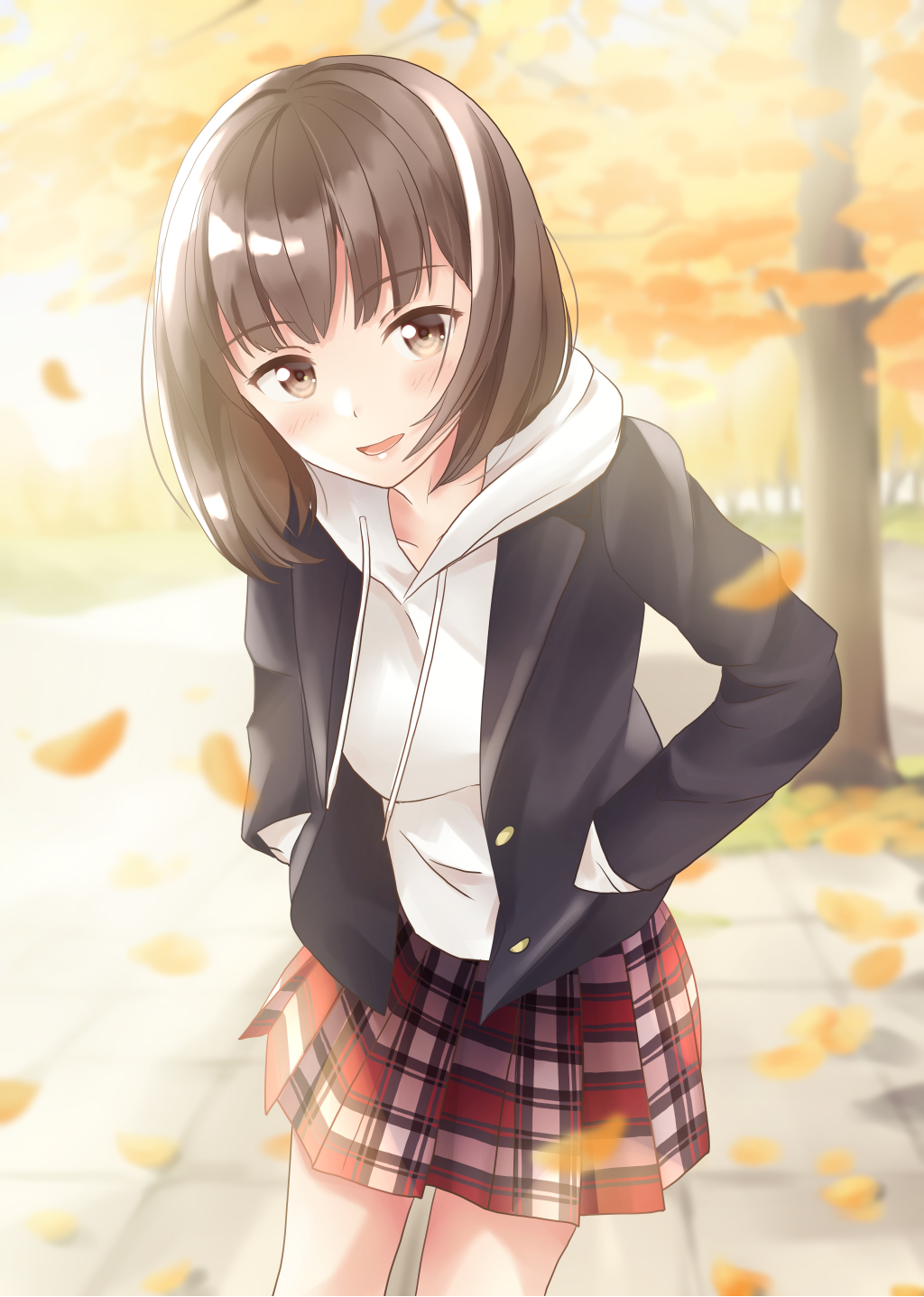 1girl autumn_leaves bangs black_jacket blurry blurry_background blush brown_eyes brown_hair collarbone commentary_request day depth_of_field eyebrows_visible_through_hair hands_in_pockets highres hood hood_down hoodie jacket leaf leaning_forward long_sleeves looking_at_viewer open_clothes open_jacket open_mouth original outdoors plaid plaid_skirt pleated_skirt red_skirt school_uniform skirt solo white_hoodie yukimaru217
