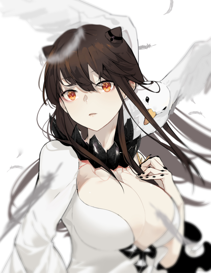 1girl akagi_(kantai_collection) alternate_costume bird breasts brown_eyes brown_hair cosplay dress eyebrows_visible_through_hair feathers hair_between_eyes hair_ornament horns kantai_collection large_breasts long_hair looking_at_viewer midway_hime nello_(luminous_darkness) open_mouth seagull solo