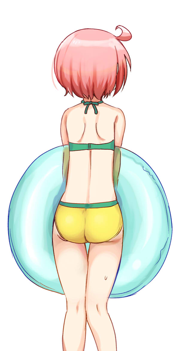 1girl ass back bikini commentary_request facing_away green_bikini knees_together_feet_apart nonohara_yuzuko pink_hair short_hair simple_background sketch solo standing sweatdrop swimsuit tatsunokosso white_background yuyushiki