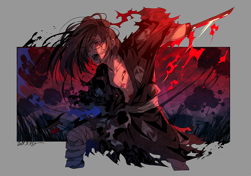 1boy amputee bandaged_leg bandages black_hair blade blood blood_on_face blood_splatter dated dororo_(tezuka) grass grey_background hyakkimaru_(dororo) kinako_(462) long_hair male_focus open_mouth red_eyes red_sky signature sky slashing solo splatter tongue torn_clothes weapon