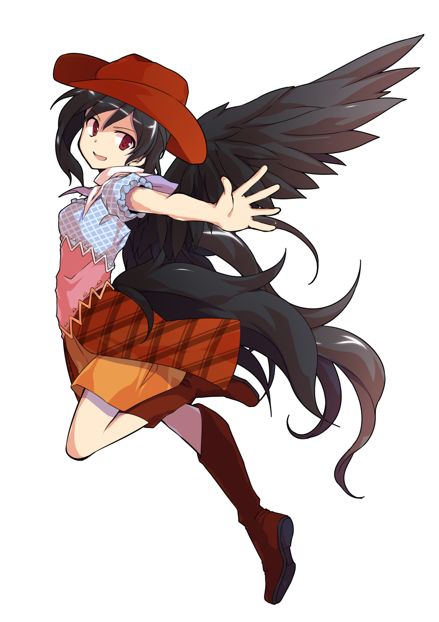 1girl alphes_(style) black_hair black_wings boots brown_footwear commentary_request cowboy_hat dairi eyebrows_visible_through_hair feathered_wings from_side full_body hat highres horse_tail kurokoma_saki legs_up long_hair looking_at_viewer multicolored_shirt open_mouth orange_skirt outstretched_arm parody ponytail red_eyes red_headwear shiny shiny_hair short_sleeves skirt smile solo style_parody tachi-e tail touhou transparent_background very_long_hair white_neckwear wings