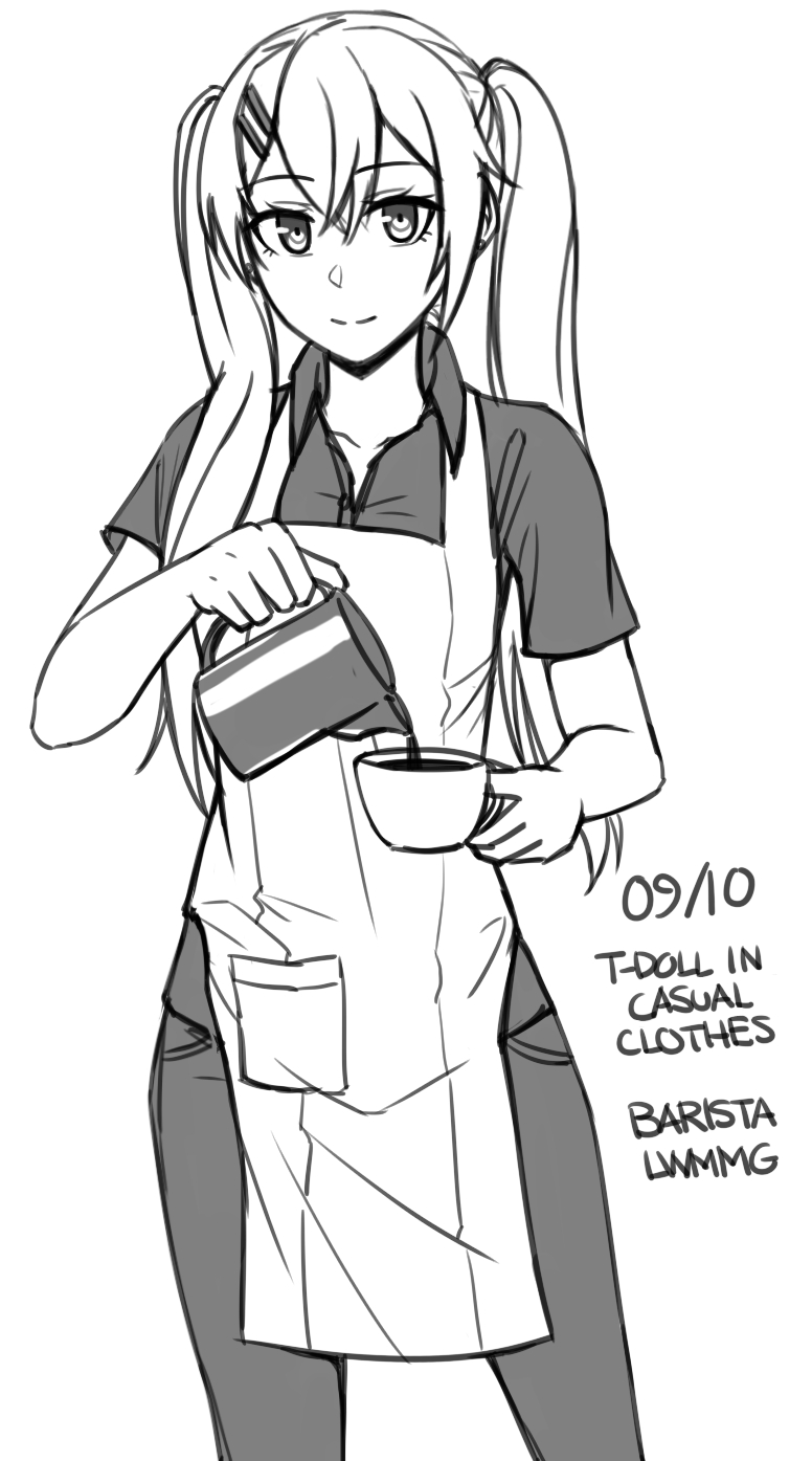 1girl alternate_costume apron bangs barista closed_mouth coffee coffee_pot collared_shirt cup employee_uniform eyebrows_visible_through_hair girls_frontline greyscale hair_between_eyes hair_ornament hairclip highres holding holding_cup long_hair looking_at_viewer lwmmg_(girls_frontline) monochrome ndtwofives pants pouring shirt short_sleeves simple_background smile solo twintails uniform very_long_hair white_background