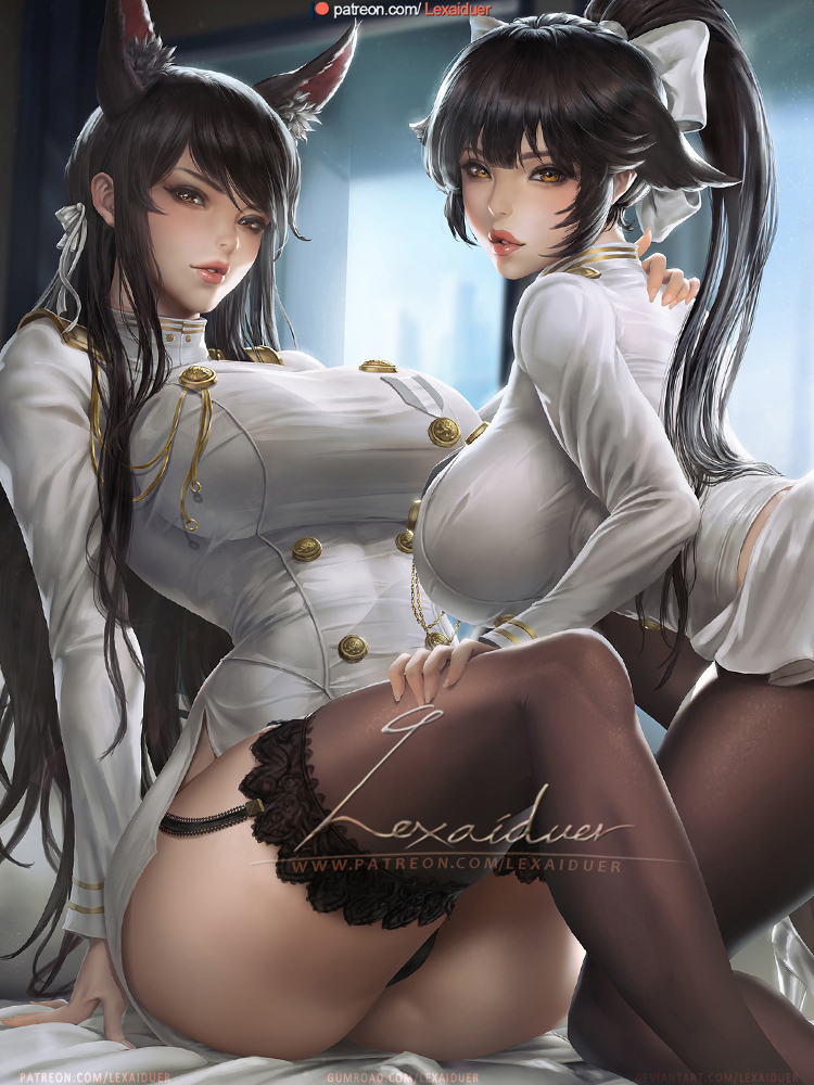2girls animal_ear_fluff animal_ears arm_support artist_name atago_(azur_lane) azur_lane bangs black_hair black_legwear blurry blurry_background blush bow breasts brown_eyes extra_ears garter_straps hair_bow hair_flaps hair_ribbon hand_on_another's_shoulder hand_on_another's_thigh indoors kneeling lace lace-trimmed_legwear large_breasts lexaiduer long_hair looking_at_viewer military military_uniform miniskirt mole mole_under_eye multiple_girls pantyhose parted_lips ponytail red_lips ribbon sitting skindentation skirt smile swept_bangs takao_(azur_lane) thigh-highs thighs uniform very_long_hair white_bow white_ribbon