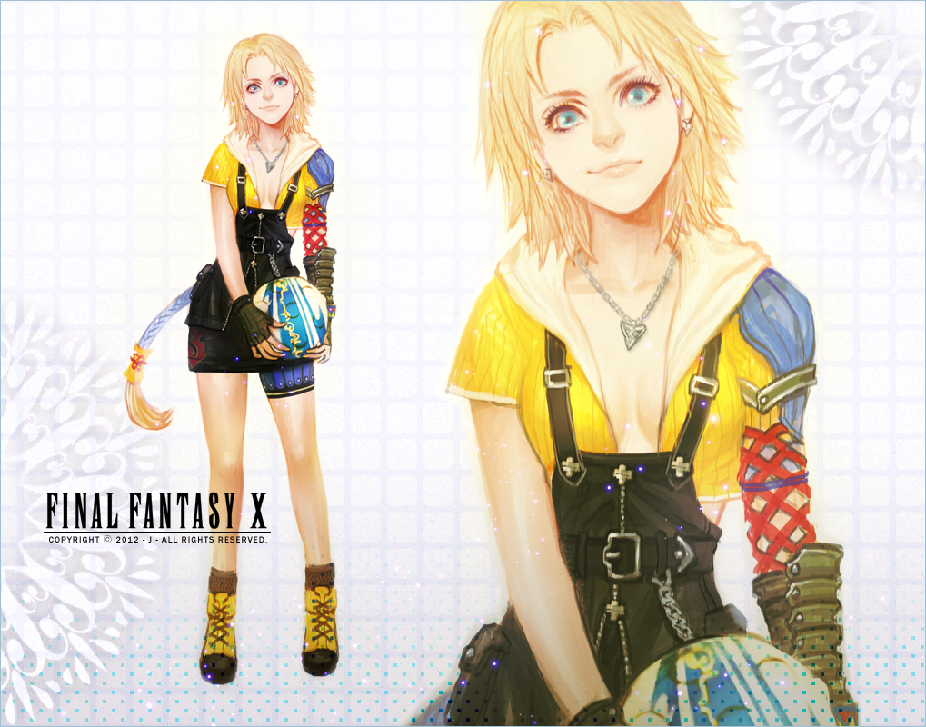ball bare_legs blonde_hair blue_eyes breasts cleavage earrings final_fantasy final_fantasy_x genderswap jewelry legs lips looking_at_viewer necklace onose1213 overalls solo standing tidus title_drop