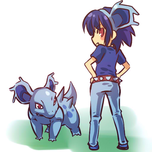 belt blue_hair blush_stickers costume fang hairband hands_on_hips hitec looking_back moemon nidorina personification pokemon pokemon_(creature) pokemon_(game) pokemon_rgby red_eyes short_hair simple_background standing