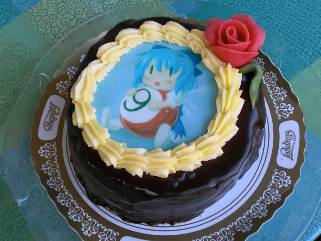 ? billiards blue_hair bow cake chibi cirno flower food hair_bow photo plate touhou ⑨