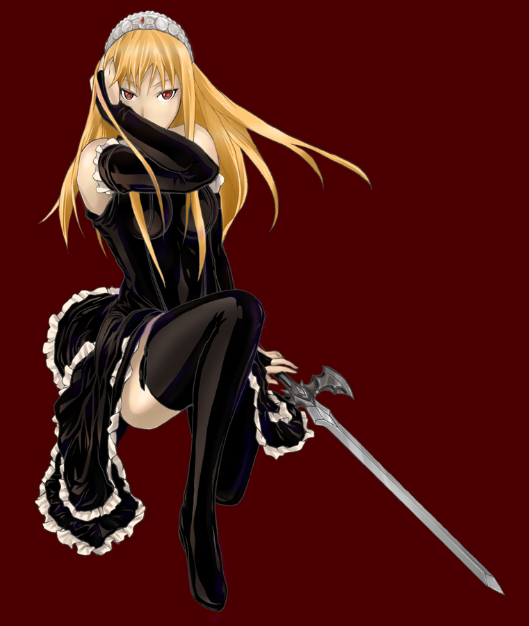 blonde_hair kaibutsu_oujo lilianne no_source red_eyes source_request sword thigh-highs tiara