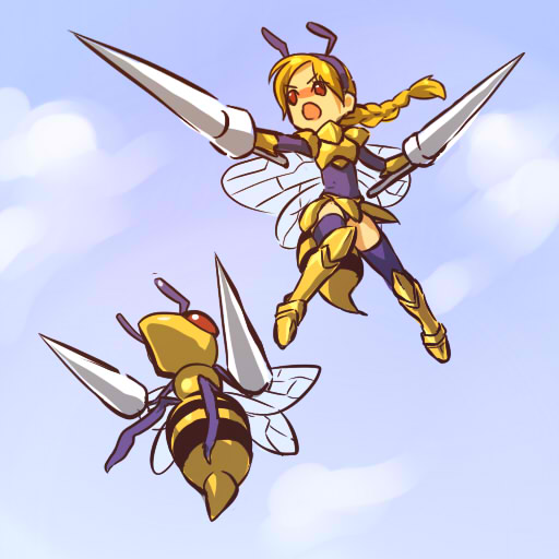 1girl antenna armor beedrill braid costume dual_wielding flying hitec insect_girl lance moemon orange_hair personification pokemon pokemon_(creature) pokemon_(game) pokemon_rgby polearm red_eyes sky thigh-highs thighhighs weapon wings