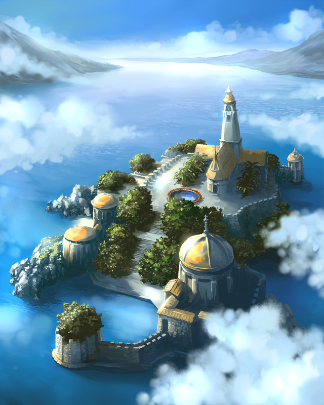 buildings cb church cloud clouds dock island landscape lighthouse mountain mountains nature outdoors plant pool scenery stairs steps water