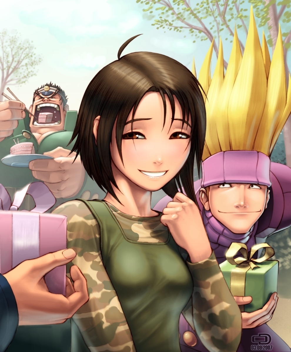 brown_hair cake camouflage capcom edge food gift highres holding holding_gift isurugi_gan justice_gakuen kazama_akira omar_dogan pastry rival_schools shiritsu_justice_gakuen short_hair smile yamada_eiji