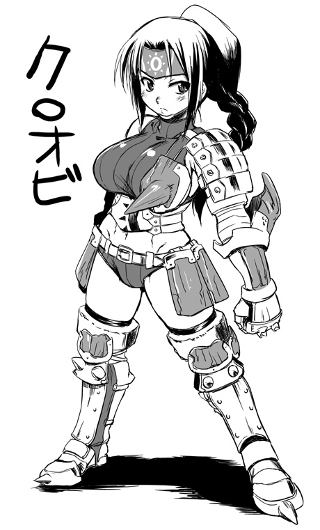 armor asymmetrical_clothes bangs belt blush boots boyshorts braid breasts clenched_hand crop_top elbow_gloves forehead_protector frown gloves greaves headband kumacchi kuroobi_(armor) large_breasts long_hair midriff monochrome monster_hunter navel parted_bangs ponytail shadow shorts simple_background single_braid sleeveless sleeveless_turtleneck solo spikes spread_legs standing taut_shirt thigh_boots thighhighs translated turtleneck wide_hips