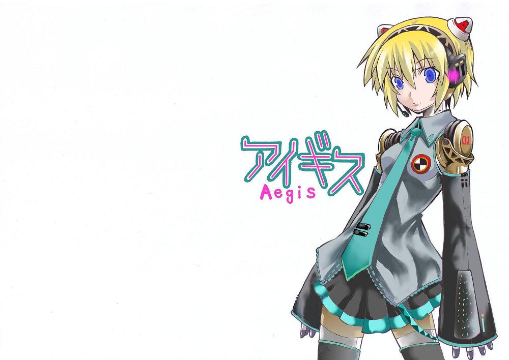 aegis android blonde_hair blue_eyes cosplay hatsune_miku hatsune_miku_(cosplay) parody persona persona_3 robot_girl segami_daisuke solo thighhighs vocaloid vocaloid_boxart_pose