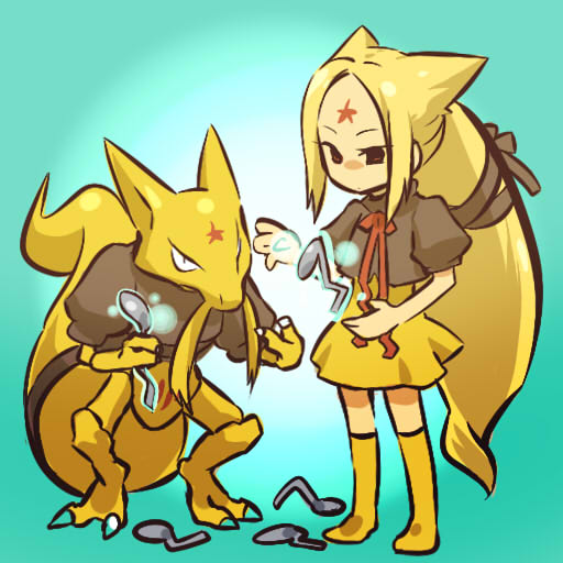 1girl bent_spoon blonde_hair costume hitec holding holding_spoon kadabra long_hair moemon personification pokemon pokemon_(creature) pokemon_(game) pokemon_rgby skirt spoon telekinesis