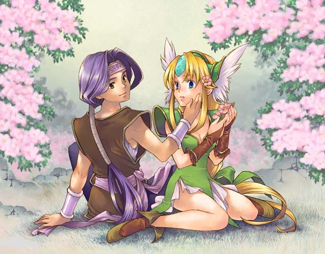 1girl blonde_hair blue_eyes bow couple fingerless_gloves flower gloves hair_bow hawkeye head_wings headwings long_hair ogretree riesz saikachi seiken_densetsu seiken_densetsu_3 very_long_hair