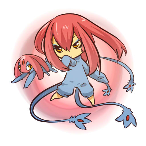 1girl barefoot costume eyeshadow hand_to_mouth hitec mesprit moemon personification pink_hair pokemon pokemon_(creature) pokemon_(game) pokemon_dppt red_hair redhead sleeves_past_wrists yellow_eyes