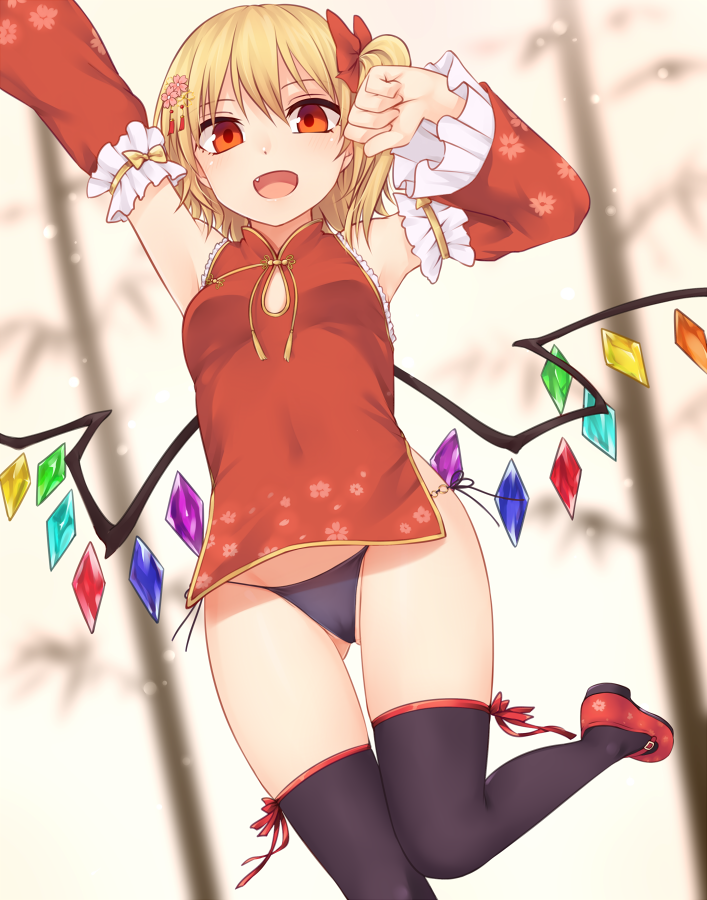 1girl :d alternate_costume armpits arms_up bangs bare_shoulders black_legwear black_panties blonde_hair blurry blurry_background bow breasts china_dress chinese_clothes commentary_request covered_navel cowboy_shot crystal detached_sleeves dress fang flandre_scarlet floral_print hair_between_eyes hair_bow long_sleeves looking_at_viewer mary_janes miyo_(ranthath) no_hat no_headwear one_side_up open_mouth panties red_bow red_dress red_eyes red_footwear shoes short_dress short_hair side-tie_panties small_breasts smile solo standing standing_on_one_leg thigh-highs thighs touhou underwear wide_sleeves wings