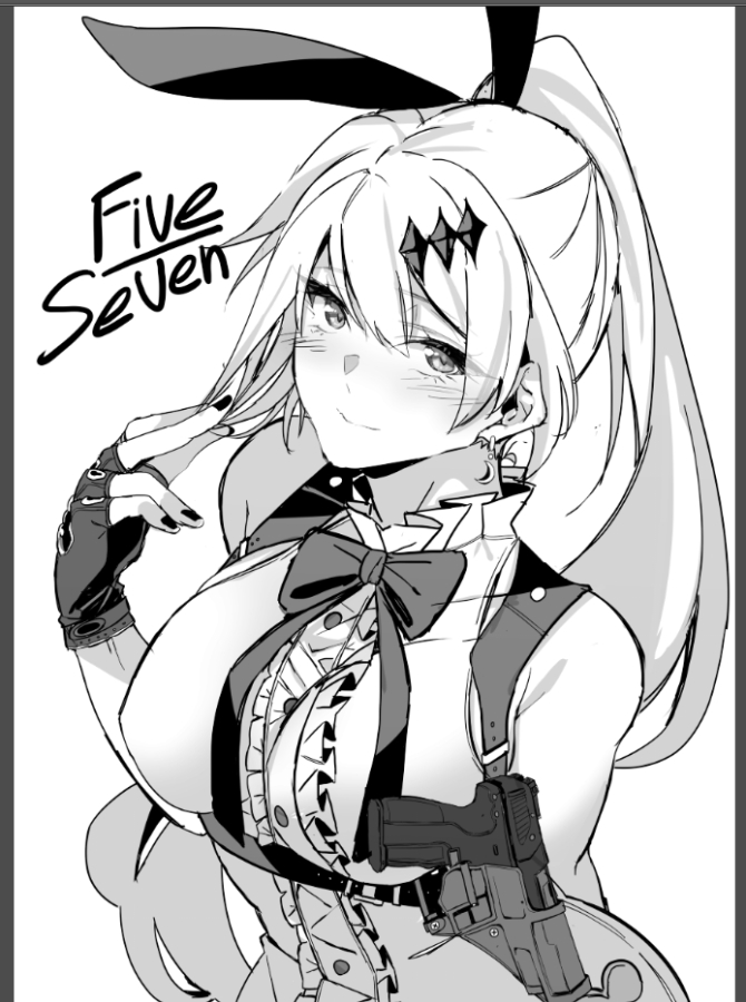 1girl asakawa_(outeq) bare_shoulders blouse blush bow breasts bunny_hair_ornament character_name crescent crescent_earrings earrings fingerless_gloves fingernails five-seven_(girls_frontline) five-seven_(gun) frilled_blouse frills girls_frontline gloves greyscale gun hair_between_eyes hair_ornament hair_ribbon hand_in_hair handgun high_ponytail holster holstered_weapon jewelry large_breasts looking_at_viewer monochrome object_namesake pistol ribbon sidelocks solo tsurime upper_body weapon white_background