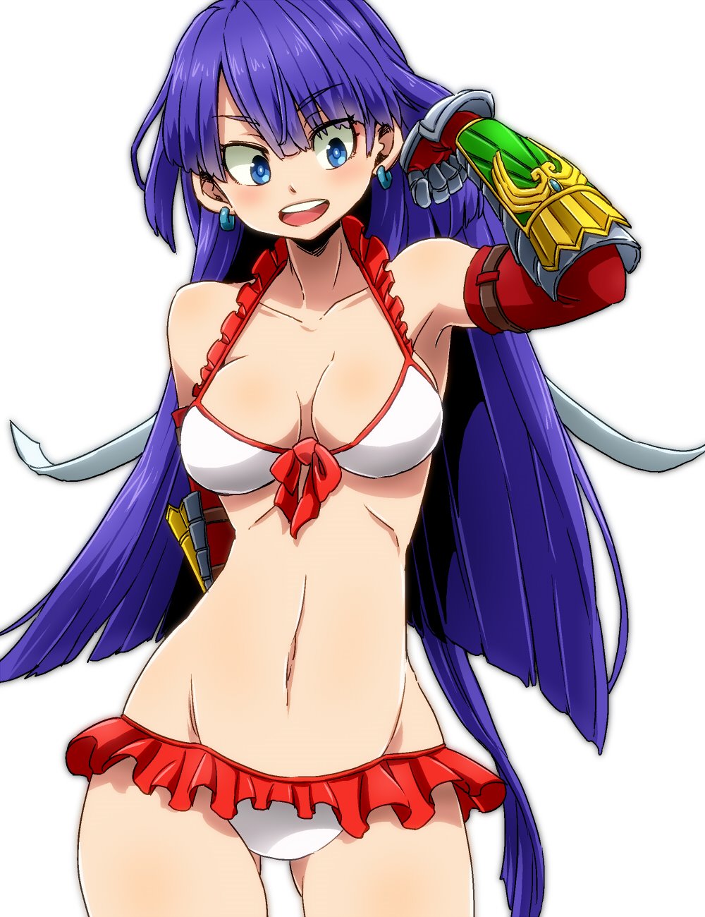 1girl aono3 arm_behind_back ass_visible_through_thighs bangs bikini blue_earrings blue_eyes blunt_ends breasts commentary cowboy_shot earrings elbow_gloves eyebrows_visible_through_hair fate/grand_order fate_(series) frilled_bikini frills front-tie_bikini front-tie_top gauntlets gloves groin hand_in_hair highres jewelry long_hair looking_at_viewer medium_breasts navel open_mouth purple_hair red_gloves saint_martha saint_martha_(swimsuit_ruler)_(fate) simple_background smile solo standing swimsuit white_background white_bikini