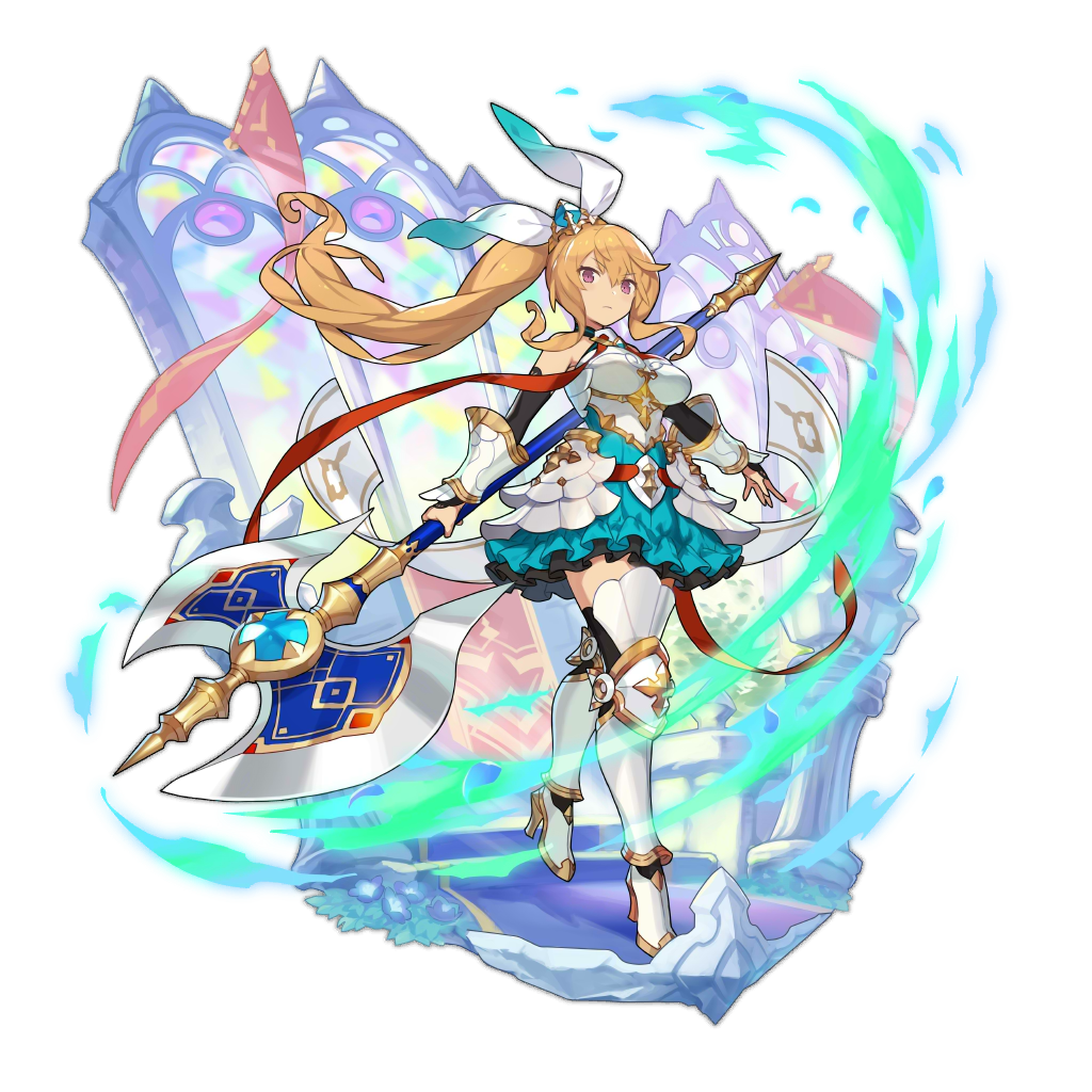 1girl armored_boots axe bare_shoulders blue_ribbon boots breastplate dragalia_lost dress elisanne holding holding_axe holding_weapon light_brown_hair official_art paladin ribbon saitou_naoki solo stained_glass transparent_background violet_eyes weapon white_armor
