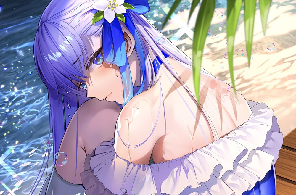 1girl bangs bare_shoulders blue_eyes blue_ribbon blue_swimsuit blush breasts closed_mouth day fate/grand_order fate_(series) hair_between_eyes head_tilt long_hair looking_at_viewer meltryllis meltryllis_(swimsuit_lancer)_(fate) outdoors purple_hair ribbon sitting small_breasts solo swimsuit tsukimoto_aoi very_long_hair water wet