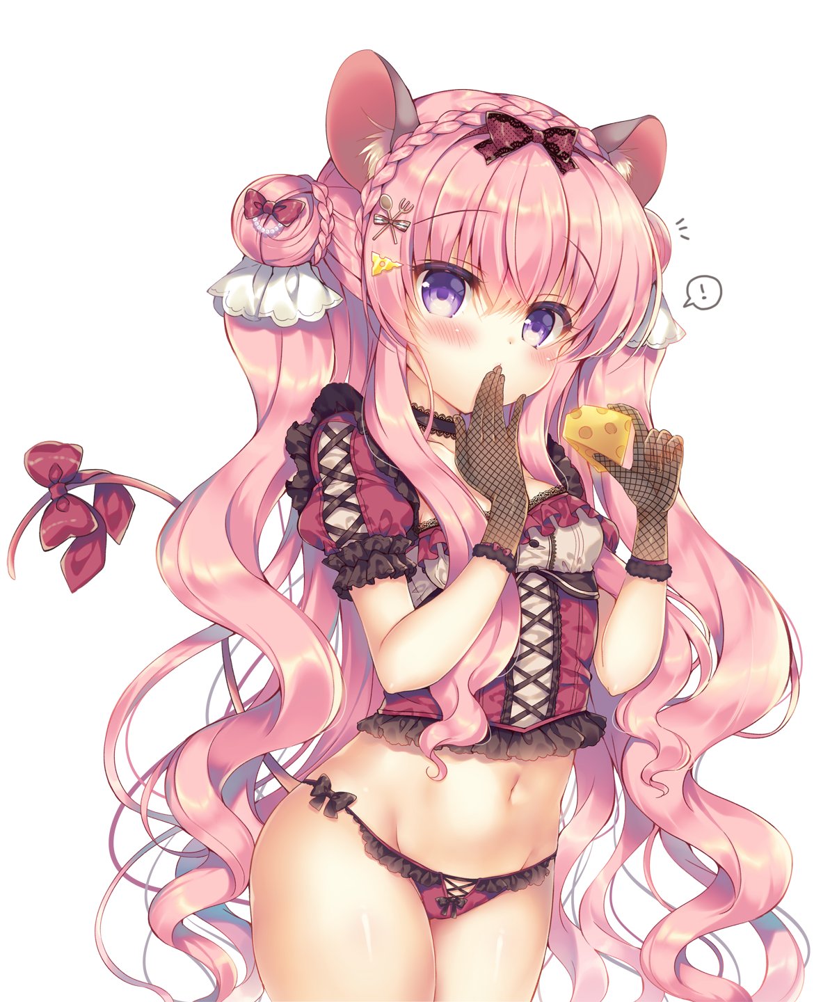 ! 1girl animal_ear_fluff animal_ears bow bow_panties braid breasts cheese collar commentary_request covering_mouth crown_braid double_bun eyebrows_visible_through_hair fishnet_gloves fishnets food frilled_panties frilled_shirt frills gloves hair_between_eyes hair_ornament hair_ribbon highres holding holding_food long_hair looking_at_viewer mouse_ears mouse_girl mouse_tail navel notice_lines original panties pink_hair red_panties ribbon shiny shiny_hair shirt short_sleeves simple_background small_breasts solo spoken_exclamation_mark suzunone_rena tail tail_bow underwear very_long_hair violet_eyes white_background