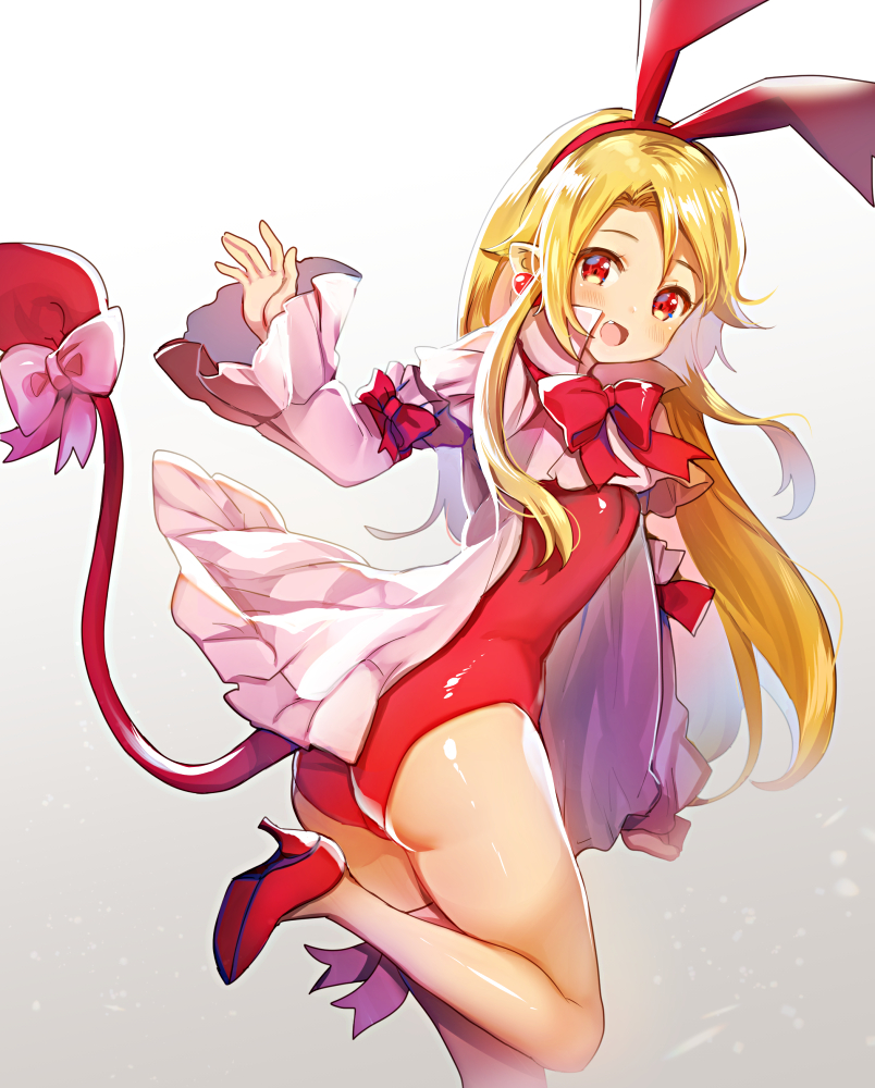 1girl :d animal_ears ass bare_legs blonde_hair bow bowtie bunnysuit commentary_request demon_tail disgaea earrings fake_animal_ears fang flonne from_behind gradient gradient_background grey_background hairband high_heels jewelry leaning_forward leotard long_hair long_sleeves looking_at_viewer looking_back meisuke_mei open_clothes open_mouth pink_bow pointy_ears rabbit_ears red_bow red_eyes red_footwear red_hairband red_leotard red_neckwear shiny shiny_skin smile solo tail tail_bow very_long_hair waving