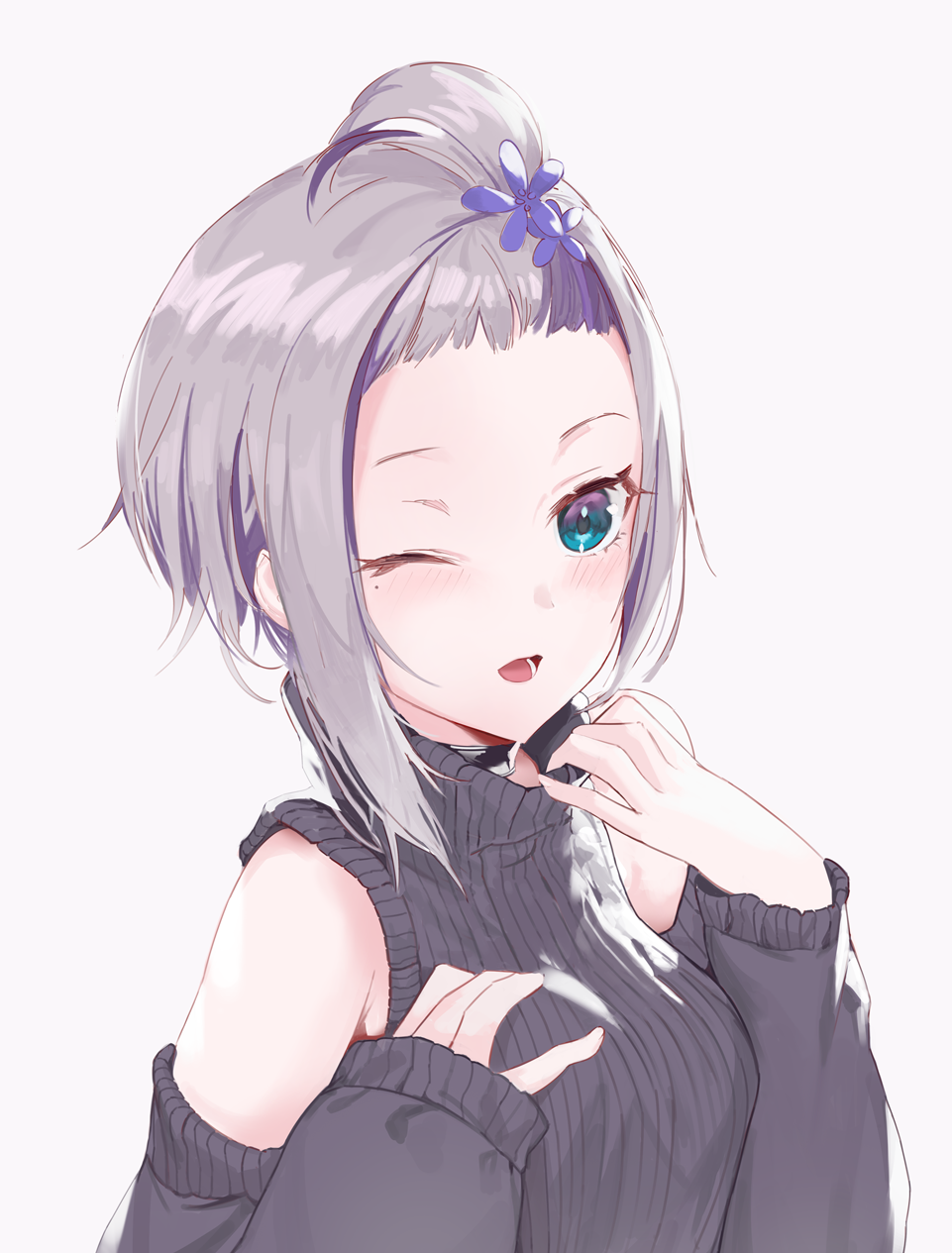 1girl bangosu bangs_pinned_back black_choker black_sleeves black_sweater blue_eyes blush breasts choker commentary_request flower forehead grey_background grey_hair hair_flower hair_ornament hands_up highres long_sleeves lupinus_virtual_games medium_breasts one_eye_closed open_mouth purple_flower ribbed_sweater sidelocks simple_background sleeveless sleeveless_sweater sleeveless_turtleneck sleeves_past_wrists solo sweater turtleneck turtleneck_sweater upper_body virtual_youtuber