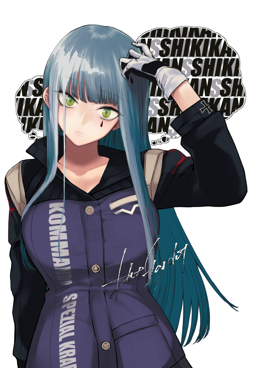 1girl bangs blue_hair blunt_bangs breasts buttons closed_mouth clothes_writing eyebrows_visible_through_hair facial_mark girls_frontline gloves green_eyes highres hk416_(girls_frontline) iron_cross jacket kojima_(blue_stardust) long_hair long_sleeves multicolored multicolored_clothes multicolored_gloves no_hat no_headwear signature simple_background solo teardrop thought_bubble upper_body white_background