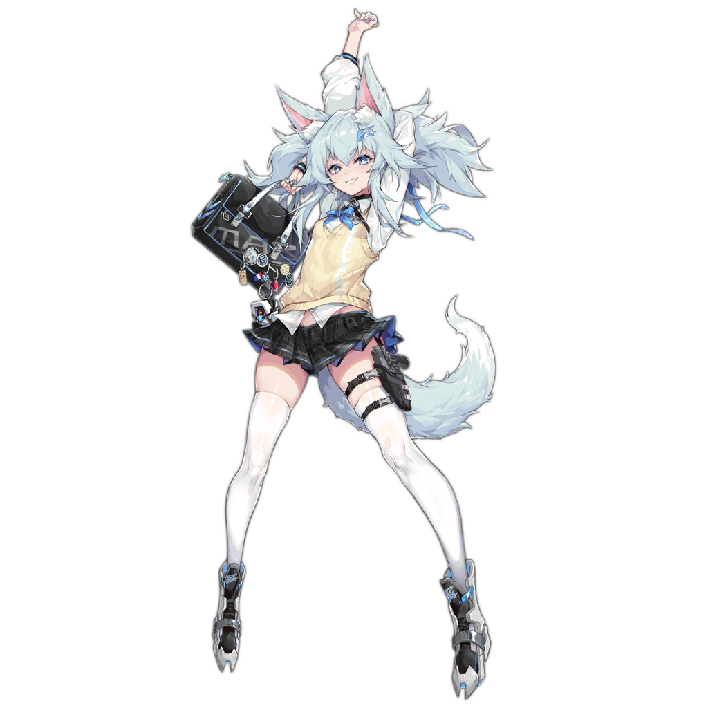 1girl alternate_costume animal_ear_fluff animal_ears arms_up bag bangs beige_vest black_skirt blue_eyes blue_hair blush boots bow bowtie breasts cardigan_vest collared_shirt fox_ears fox_tail girls_frontline grin gun hair_between_eyes hair_ornament handgun heart heart-shaped_pupils holding holding_bag holster looking_at_viewer mab_pa-15 official_art pa-15_(girls_frontline) pistol plaid plaid_skirt school_bag school_uniform shanyao_jiang_tororo shirt sidelocks skindentation skirt small_breasts smile snap-fit_buckle solo standing symbol-shaped_pupils tail thigh-highs thigh_holster transparent_background twintails untucked_shirt vest weapon white_legwear white_shirt yellow_vest