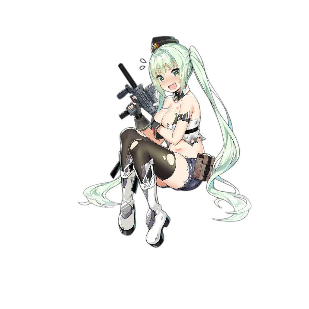 1girl aqua_eyes aqua_hair arm_strap bad_id bad_twitter_id bangs belt between_breasts black_gloves black_legwear blush boots breasts buckle commentary_request covering covering_breasts denim denim_shorts detached_collar embarrassed eyebrows eyebrows_visible_through_hair fang fingerless_gloves full_body girls_frontline gloves gradient_hair gun hat holding holding_gun holding_weapon holster imi_uzi knee_boots large_breasts leaning_forward leg_up long_hair long_sleeves looking_at_viewer micro_uzi micro_uzi_(girls_frontline) midriff mod3_(girls_frontline) multicolored_hair navel official_art open_mouth short_shorts shorts sidelocks sitting sky_(freedom) smile snap-fit_buckle solo stomach submachine_gun thigh-highs torn_clothes transparent_background trigger_discipline twintails weapon white_footwear white_hair