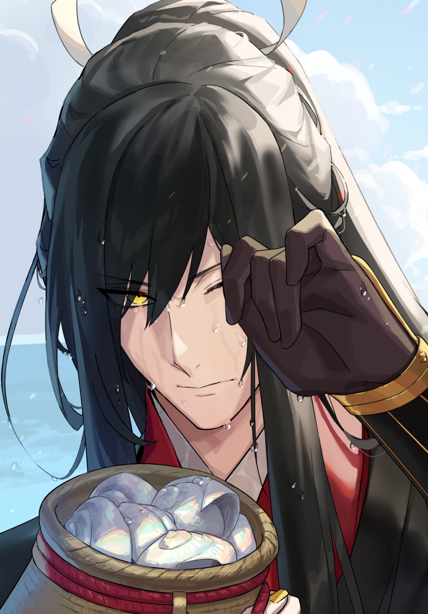 1boy bad_link bangs basket black_hair brown_gloves chorefuji closed_mouth clouds day eyeshadow gloves hand_up highres japanese_clothes long_hair makeup male_focus one_eye_closed outdoors ponytail portrait red_eyeshadow sky solo tarou_tachi touken_ranbu wet wet_hair yellow_eyes