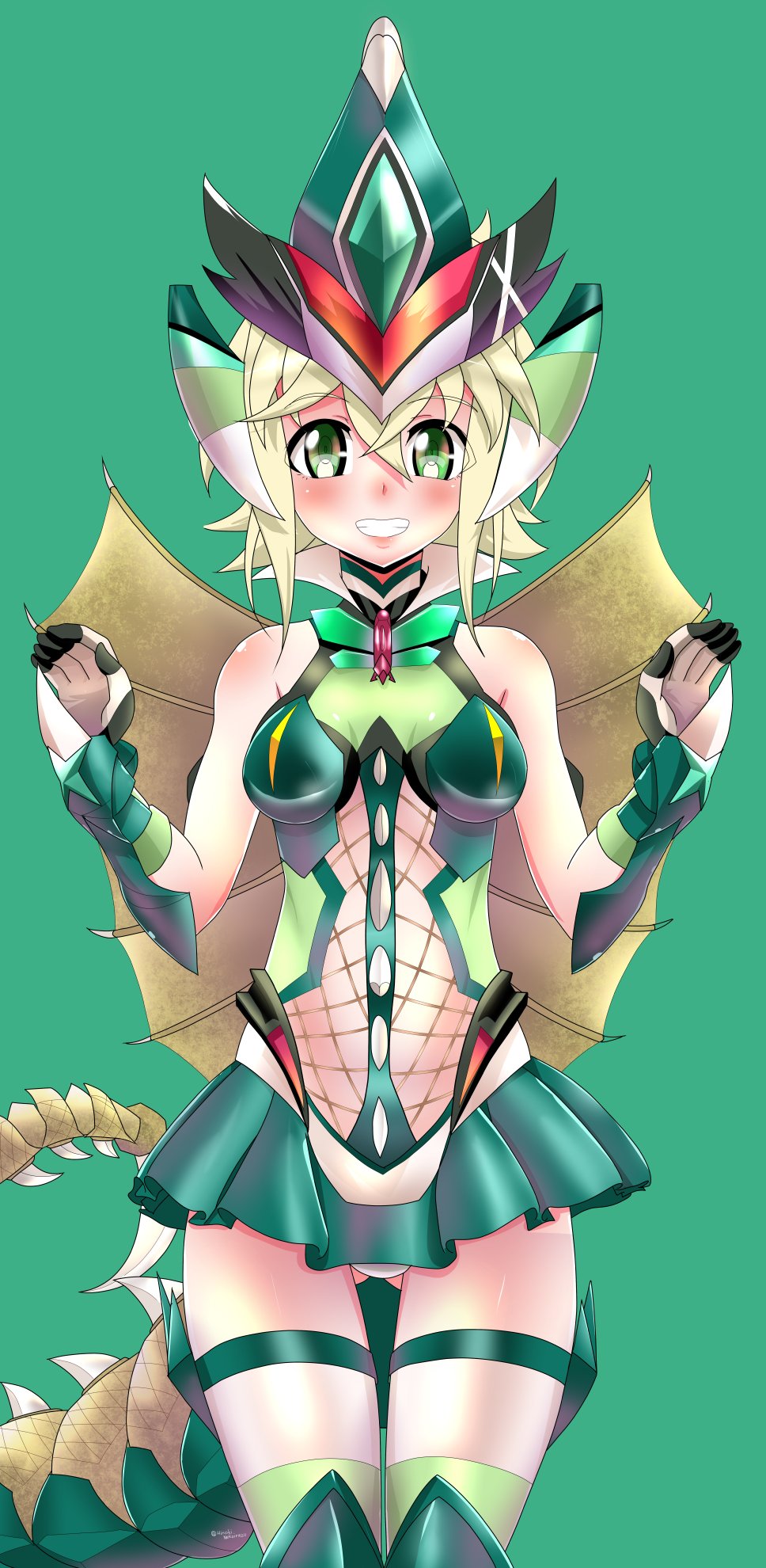 1girl akatsuki_kirika ass_visible_through_thighs blonde_hair blush breasts commentary_request cosplay elbow_gloves fishnets gigan gloves godzilla_(series) green_eyes green_leotard headgear highres hinoki_(neko_irazu) legs_together leotard looking_at_viewer medium_breasts parted_lips senki_zesshou_symphogear shiny shiny_hair shiny_skin short_hair skirt smile solo striped striped_legwear tail teeth thigh-highs thigh_gap wings